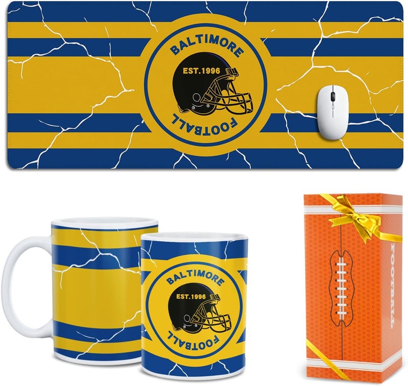 Gyothrig Football Fan Coffee Mug Cup and Large Desk Matt Set for Desktop Baltimore City Themed Mouse Mat Merch Shop Men Women Sport Stuff Gear Apparel Raven Team Decor Dad Boyfriend Bf Christmas Birthday Gift - Image 1